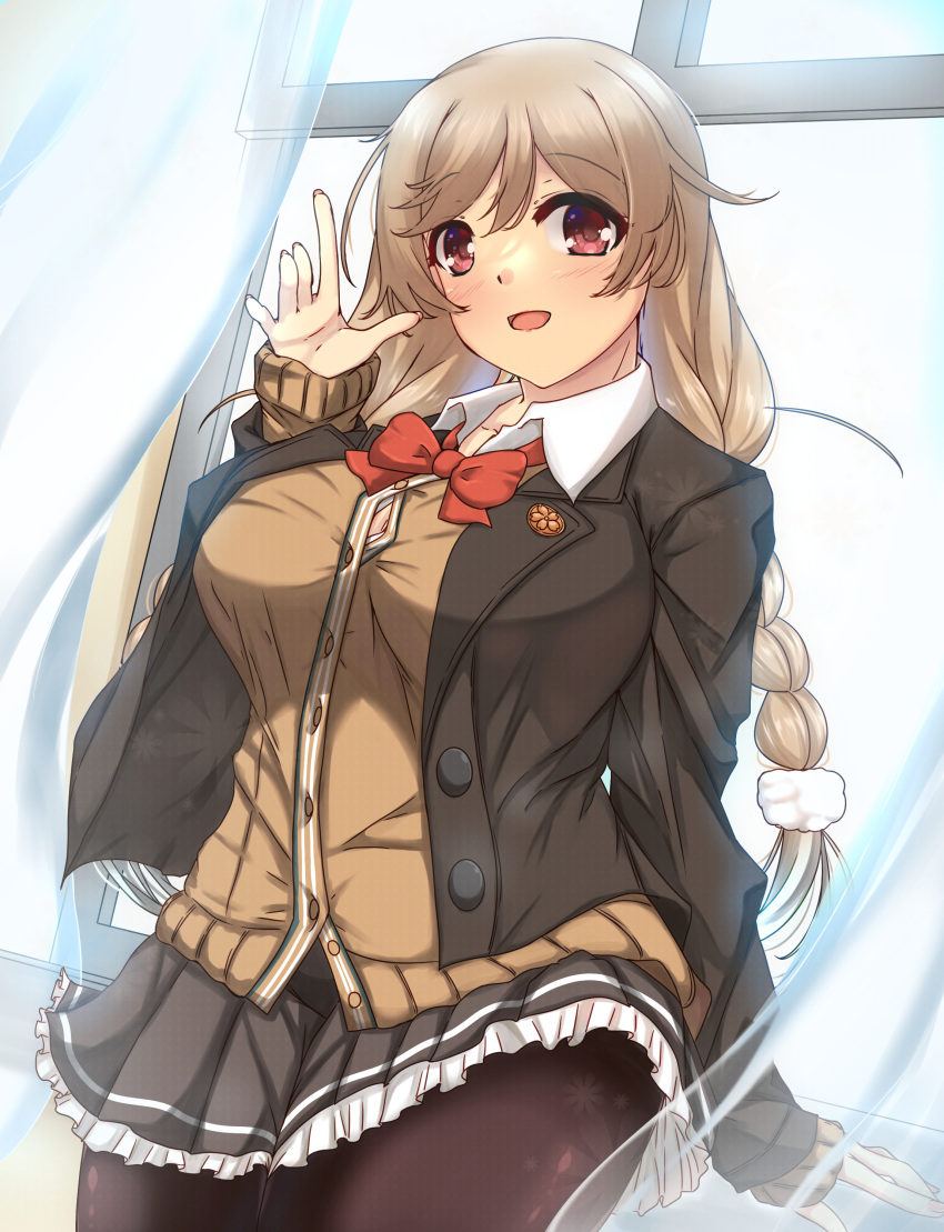 1girl absurdres alternate_costume bow bowtie braid breasts brown_cardigan brown_jacket brown_skirt brown_sweater brown_thighhighs cardigan cosplay curtains day frilled_skirt frills highres indoors jacket kantai_collection large_breasts light_brown_hair long_hair long_sleeves low_twin_braids minegumo_(kancolle) neck_ribbon open_cardigan open_clothes open_mouth pleated_skirt red_bow red_bowtie red_eyes ribbon school_uniform shigatsu_(soratobuusagi) skirt smile solo suzuya_(kancolle) suzuya_(kancolle)_(cosplay) suzuya_kai_ni_(kancolle) suzuya_kai_ni_(kancolle)_(cosplay) sweater sweater_jacket thigh-highs twin_braids