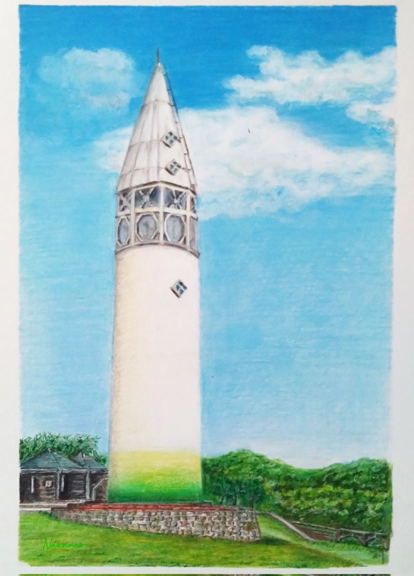 blue_sky building bush cable clouds cloudy_sky colored_pencil_(medium) grass highres log_cabin nakanaori31 no_humans original plant scenery sky stairs tower traditional_media tree