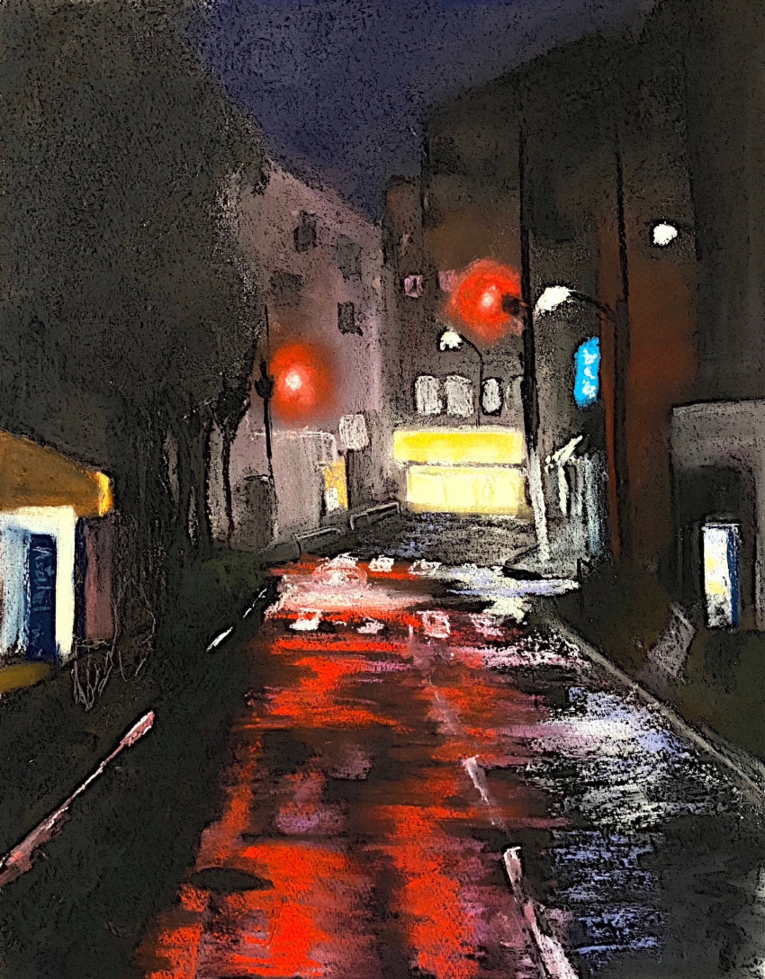 building city highres lamppost night night_sky original painting_(medium) pastel_(medium) reflective_floor road sakaue111 sky street traditional_media traffic_light