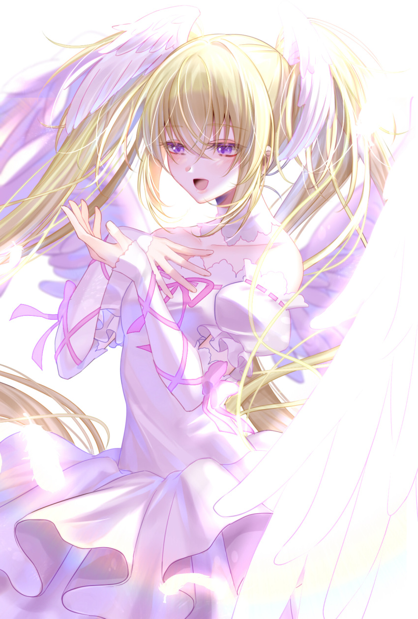 1girl azaka_(rionrita) blonde_hair collar commentary_request cowboy_shot cross-laced_armwear detached_collar dress feathered_wings hand_on_own_chest hands_up head_wings highres hoshina_utau long_hair looking_at_hand off-shoulder_dress off_shoulder open_mouth puffy_short_sleeves puffy_sleeves seraphic_charm short_sleeves shugo_chara! sleeves_past_wrists solo twintails violet_eyes white_collar white_dress white_wings wings