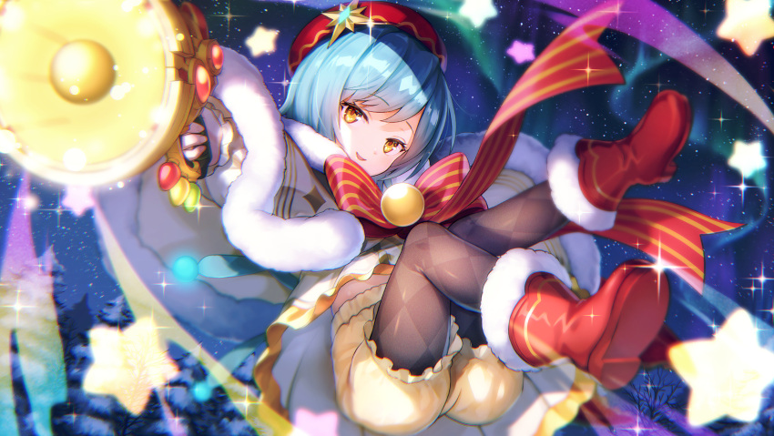 1girl :d aiming aiming_at_viewer argyle_clothes argyle_pantyhose aurora beret black_pantyhose bloomers blue_hair blurry blurry_background boots bow bowtie bungo_yayoi bungo_yayoi_(happy_legion) christmas dress dutch_angle eyelashes full_body fur-trimmed_boots fur-trimmed_dress fur_trim gun hat hat_ornament heaven_burns_red highres holding holding_gun holding_weapon huge_bow knees_together_feet_apart looking_at_viewer midair midriff_peek night official_alternate_costume official_art open_mouth outdoors pantyhose red_boots red_bow red_bowtie red_hat santa_costume short_hair sky smile snow solo star_(sky) star_(symbol) star_hat_ornament starry_sky striped_bow striped_bowtie striped_clothes swept_bangs third-party_source upskirt weapon white_dress winter yellow_bloomers yellow_eyes