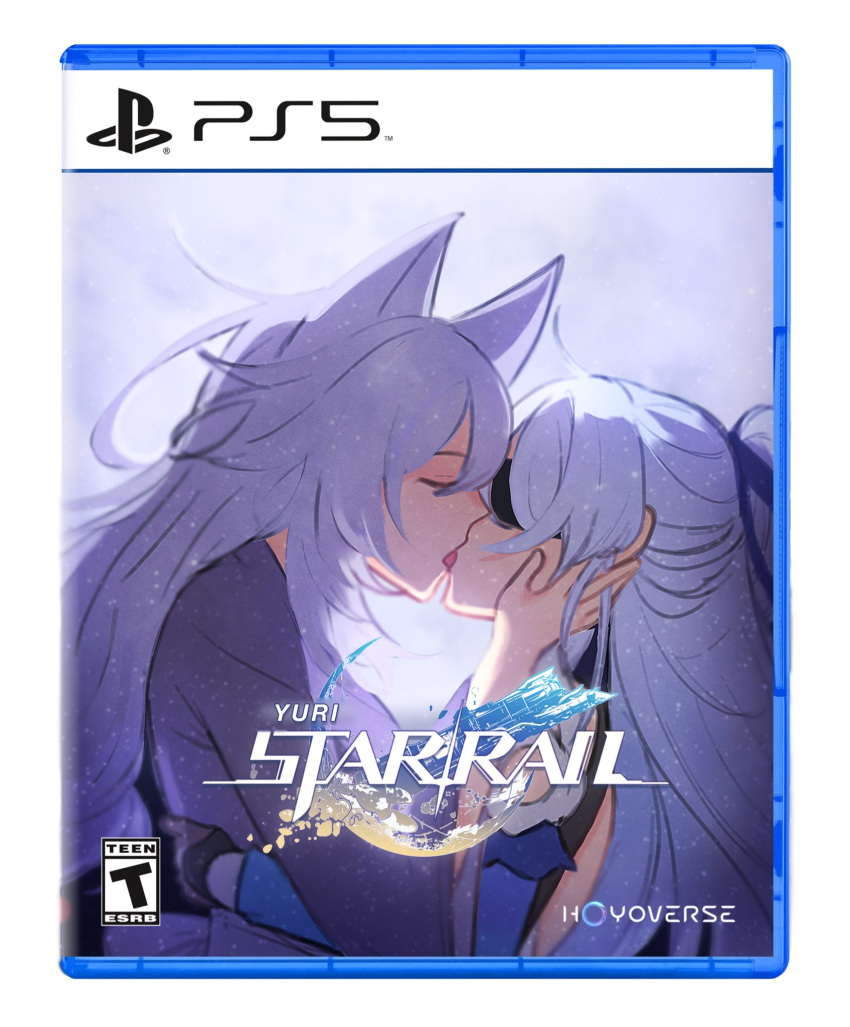 2girls animal_ears baiheng_(honkai:_star_rail) black_blindfold blind blindfold closed_eyes cover fake_cover french_kiss highres honkai:_star_rail honkai_(series) jingliu_(honkai:_star_rail) kiss long_hair multiple_girls soupowuahq tongue tongue_out video_game_cover yuri