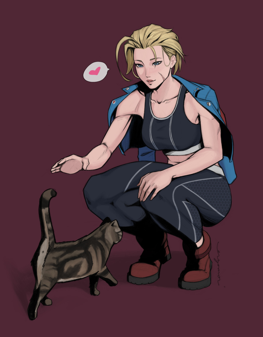 1girl absurdres artist_name black_pants black_shirt blonde_hair blue_eyes blue_jacket boots breasts cammy_white cat collarbone commentary crop_top erzomori full_body heart highres jacket jacket_on_shoulders looking_at_another medium_breasts midriff muscular muscular_female outstretched_hand pants red_background red_boots scar scar_on_cheek scar_on_face shirt short_hair smile spoken_heart squatting street_fighter street_fighter_6 tabby_cat tight_clothes tight_pants untranslatable_commentary