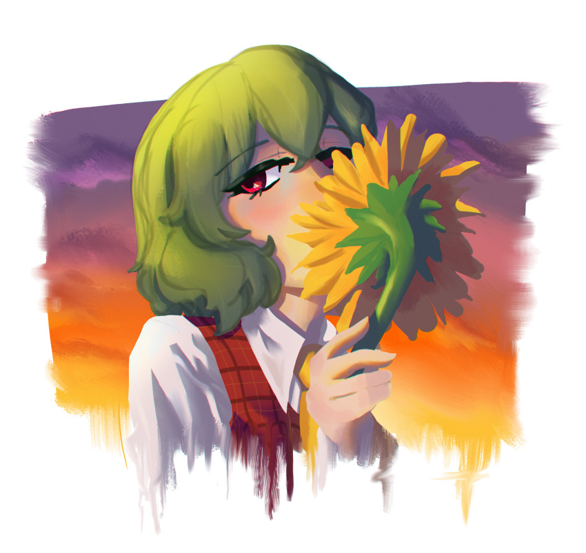 1girl absurdres commentary flower gradient_sky green_hair highres kazami_yuuka looking_at_viewer neo_lyte red_eyes short_hair sky solo sunflower touhou upper_body yellow_flower