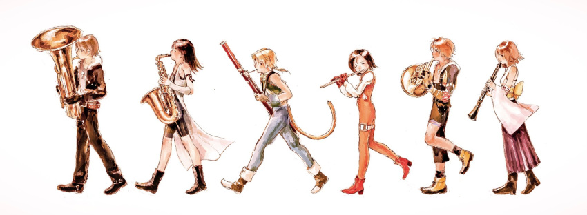 3boys 3girls arm_up back_bow bare_shoulders bike_shorts black_boots black_gloves black_hair black_jacket black_overalls black_pants black_shorts blonde_hair boots bow bowtie breasts brown_hair cat_tail closed_eyes commentary_request cropped_vest detached_sleeves final_fantasy final_fantasy_ix final_fantasy_viii final_fantasy_x flute french_horn full_body fur-trimmed_jacket fur_trim garnet_til_alexandros_xvii gloves green_vest grey_pants grey_wrist_cuffs highres holding holding_flute holding_instrument instrument jacket japanese_clothes juliet_sleeves long_hair long_skirt long_sleeves low_ponytail medium_breasts medium_hair multiple_boys multiple_girls music nontraditional_miko obi okashisushi orange_bow orange_bowtie overalls pants parted_bangs playing_instrument ponytail puffy_sleeves purple_skirt red_boots red_gloves rinoa_heartilly sash saxophone shirt short_hair shorts skirt squall_leonhart tail tidus trumbeak tuba vest walking white_background white_shirt white_sleeves wrist_cuffs yellow_boots yuna_(ff10) zidane_tribal