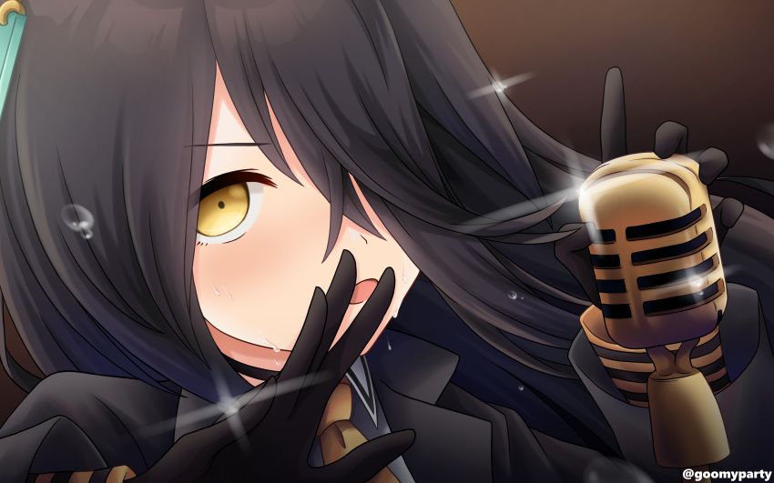 1girl absurdres black_choker black_gloves black_hair black_jacket brown_eyes choker collared_shirt commentary_request glint gloves goom_(goomyparty) hair_over_one_eye hands_up highres jacket long_hair looking_at_viewer manhattan_cafe_(umamusume) microphone necktie open_mouth shirt solo sweat twitter_username umamusume v-shaped_eyebrows white_shirt yellow_necktie