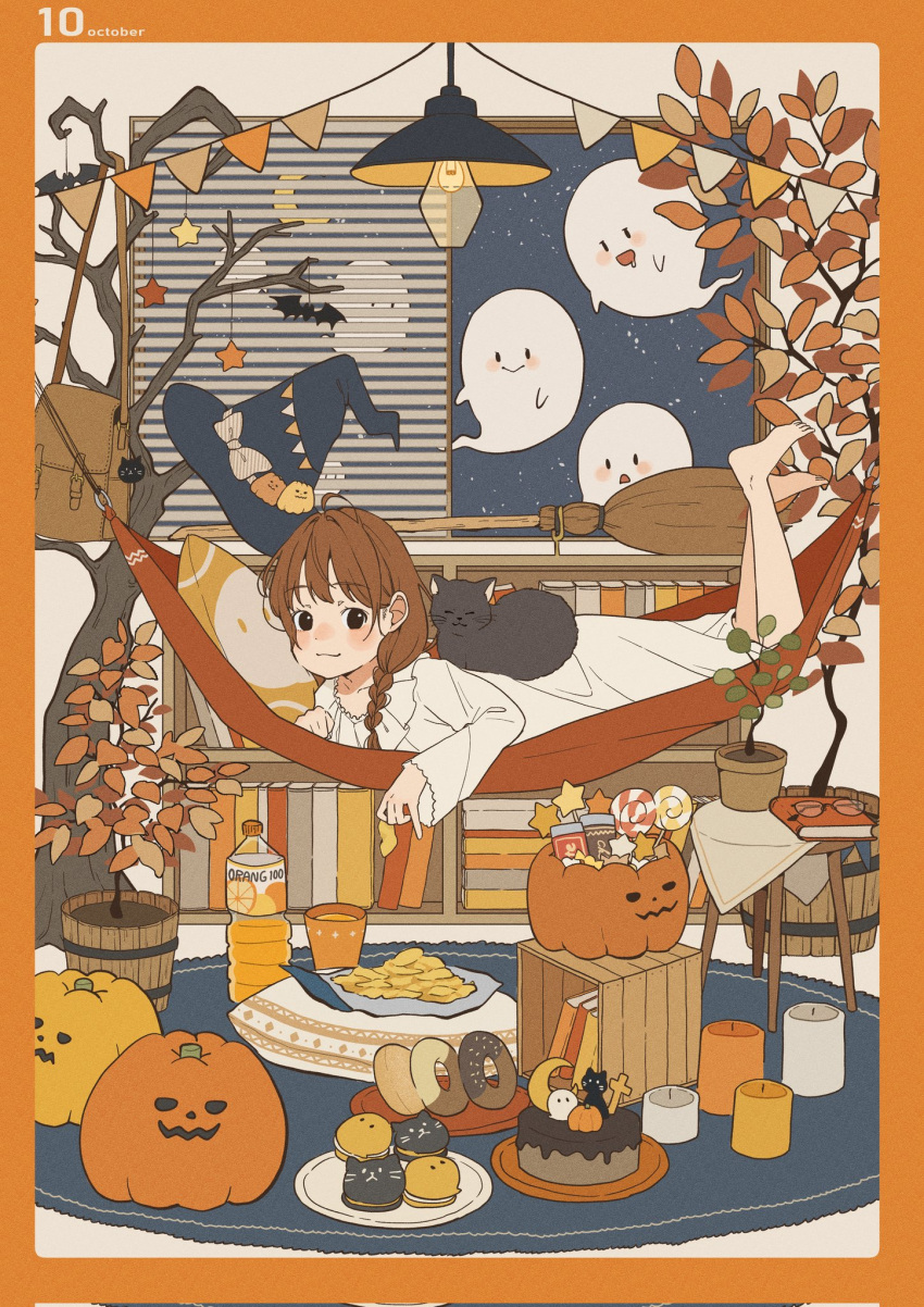 1girl 5others autumn_leaves bag barefoot barrel bat_(animal) black_eyes blush book bookshelf bottle box braid broom brown_hair candle candy cat chair chips_(food) chocolate closed_mouth cookie crescent cross cup doughnut drooling food ghost glasses halloween hammock handbag hat highres holding holding_food lamp leaf lollipop long_hair looking_at_another looking_at_viewer multiple_others night night_sky nightgown open_mouth orange_juice original pillow plant plate potted_plant pumpkin sky smile star_(sky) star_(symbol) starry_sky takosuke_(gyzp7373) toy tree witch_hat