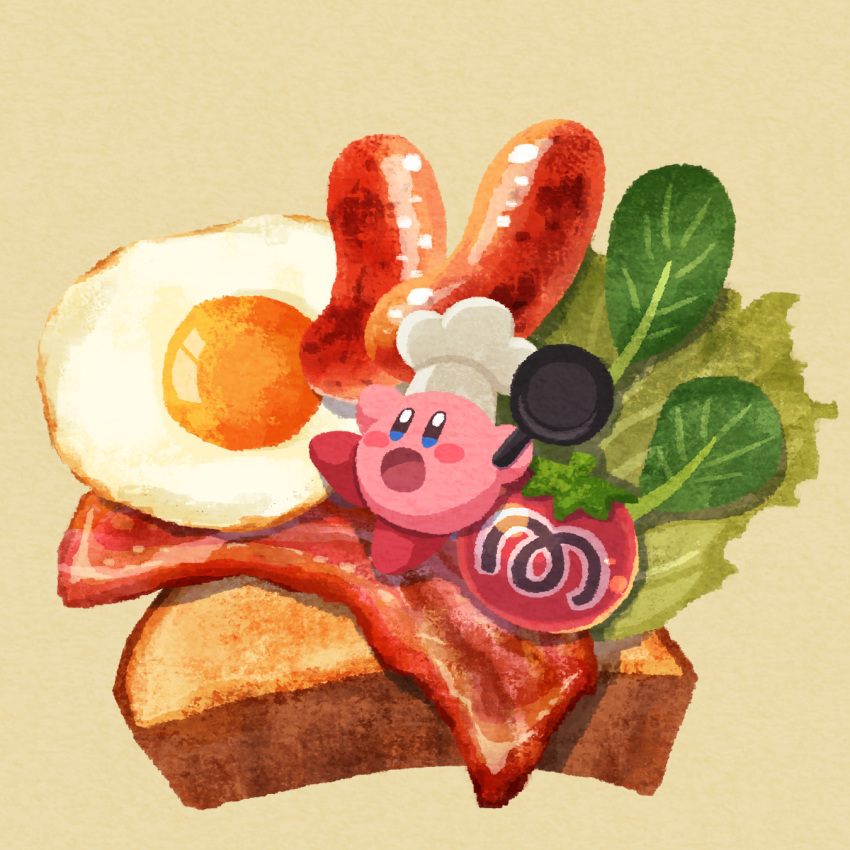 bacon blush_stickers brown_background chef_hat cook_kirby food food_focus fried_egg frying_pan hat highres holding holding_frying_pan kirby kirby_(series) lettuce maxim_tomato miclot open_mouth sausage simple_background toast tomato
