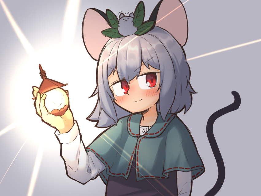 1girl absurdres animal_ears animal_on_head bishamonten's_pagoda blush closed_mouth commentary_request glowing greenpiecerice grey_background grey_hair grey_vest hair_between_eyes highres holding leaf leaf_on_head long_sleeves looking_at_viewer medium_bangs mouse mouse_ears mouse_girl mouse_tail nazrin on_head red_eyes ribbon-trimmed_capelet shirt short_hair smile solo tail touhou upper_body v-shaped_eyebrows vest white_shirt