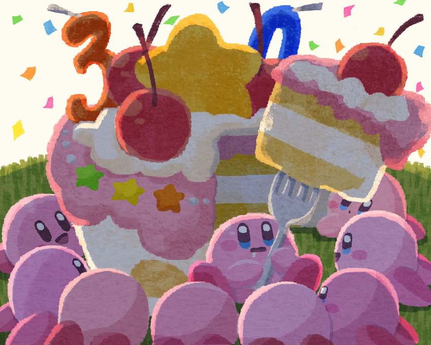 anniversary blue_eyes blush_stickers cake cherry confetti cookie food food_focus fork fruit grass kirby kirby_(series) miclot no_humans open_mouth pink_footwear saliva shoes simple_background sitting star_(symbol) white_background