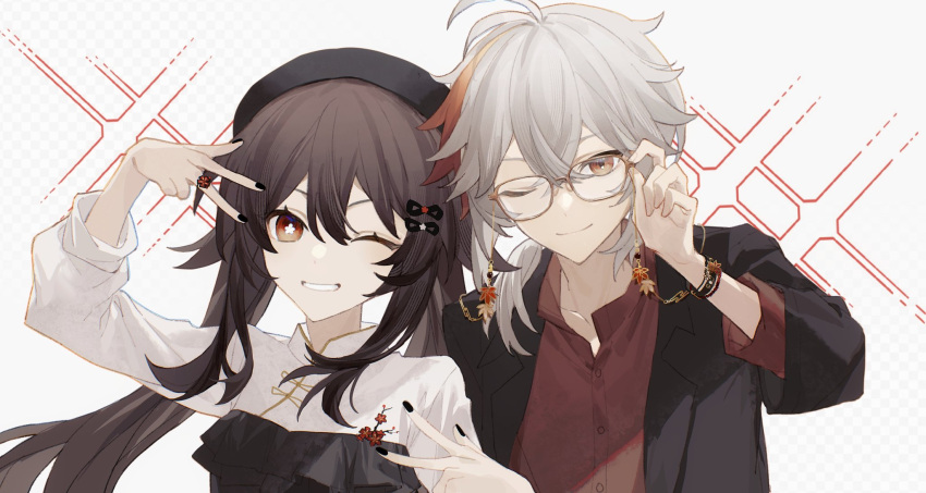 1boy 1girl aimieria bespectacled black_hair black_headwear black_jacket black_nails brown_hair closed_mouth commentary double_w eyewear_strap flower flower-shaped_pupils genshin_impact glasses gradient_hair grey_hair hair_between_eyes hat highres hu_tao_(genshin_impact) jacket jewelry kaedehara_kazuha long_hair long_sleeves looking_at_viewer low_twintails multicolored_hair multiple_rings nail_polish one_eye_closed ponytail red_eyes red_flower red_shirt redhead ring shirt sidelocks simple_background symbol-only_commentary symbol-shaped_pupils twintails upper_body w