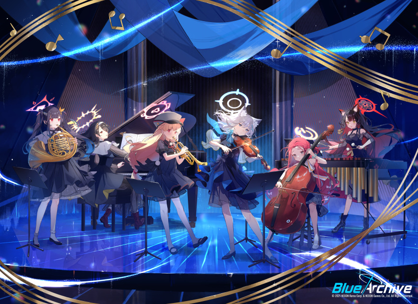 6+girls animal_ear_fluff animal_ears beamed_eighth_notes black_dress black_footwear black_hair black_horns blonde_hair blue_archive blue_eyes blue_halo collarbone colored_inner_hair double_bass dress eighth_note english_commentary fox_ears french_horn fuuka_(blue_archive) grand_piano grey_hair habit halo hat high_heels highres hinata_(blue_archive) holding holding_instrument horn_(instrument) horns instrument long_hair multicolored_hair multiple_girls music musical_note nodoka_(blue_archive) nun nuudoru official_art orchestra peaked_cap piano playing_instrument puffy_short_sleeves puffy_sleeves red_eyes red_halo redhead shiroko_(blue_archive) short_sleeves treble_clef trumpet twintails violin wakamo_(blue_archive) wolf_ears xylophone yellow_eyes yellow_halo yuzu_(blue_archive)