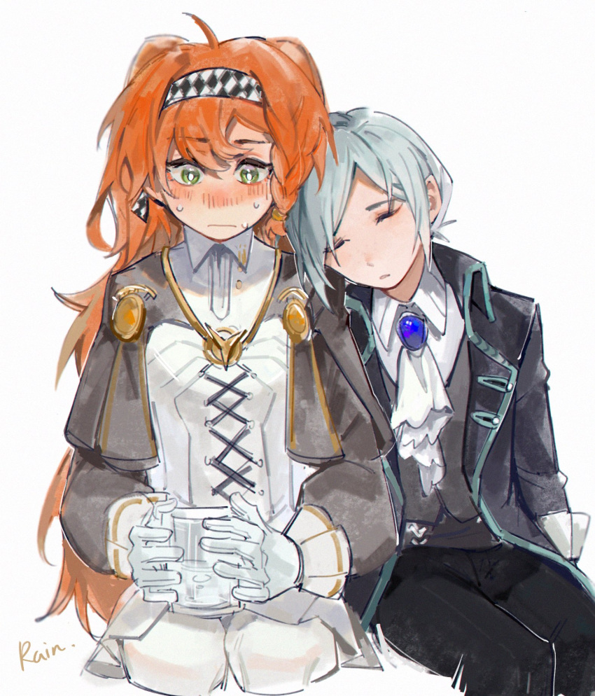 2girls ascot black_coat black_pants black_sleeves black_vest blush bright_pupils brooch checkered_hairband closed_eyes closed_mouth coat collared_shirt commentary cross-laced_clothes cup dress gloves green_eyes head_on_another's_shoulder highres holding holding_cup jewelry long_hair long_sleeves multiple_girls orange_hair pants reverse:1999 shirt simple_background sitting sleeping sonetto_(reverse:1999) sweat vertin_(reverse:1999) vest white_ascot white_background white_dress white_gloves white_pants white_pupils white_shirt xiao_lu yuri