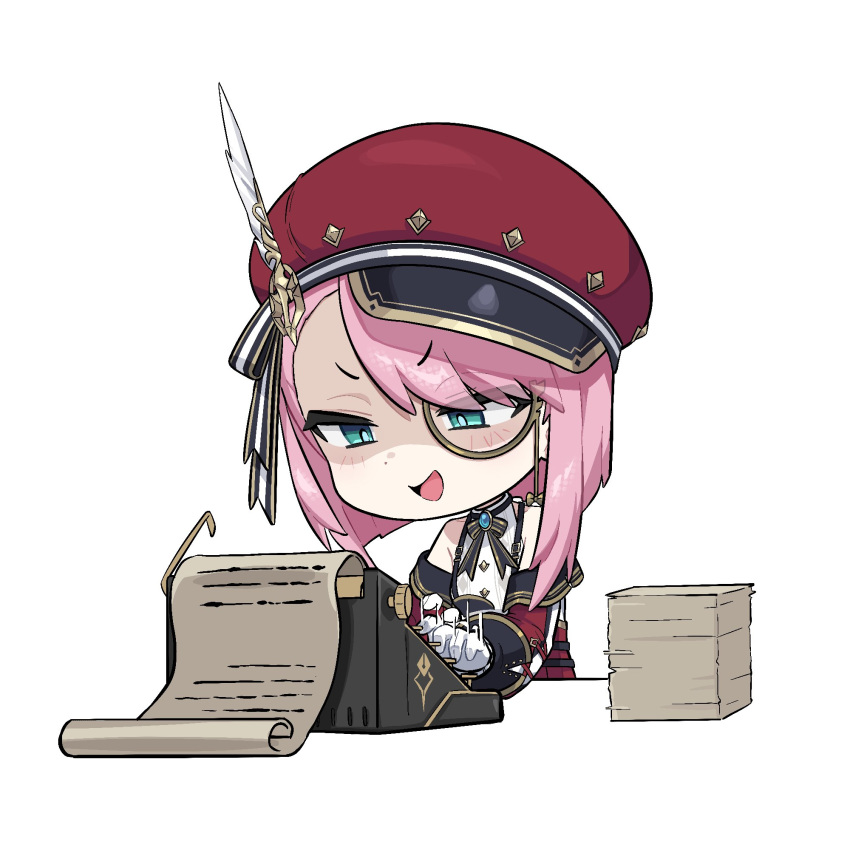 1girl blue_eyes blush charlotte_(genshin_impact) chibi detached_sleeves english_commentary genshin_impact gloves hair_between_eyes hat hat_feather highres kekek long_sleeves monocle open_mouth paper paper_stack pink_hair shaded_face simple_background solo typewriter typing white_background white_gloves