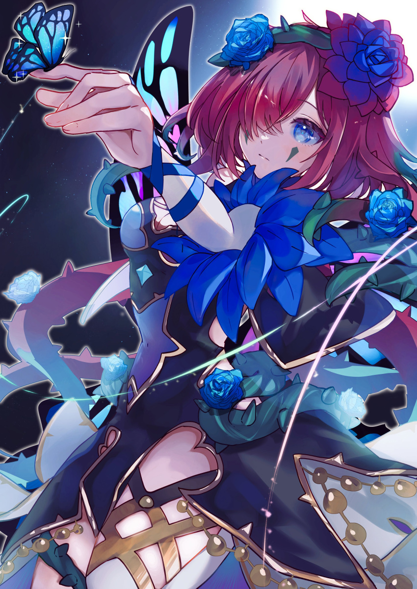 1girl absurdres black_dress blue_eyes blue_flower blue_rose bug butterfly butterfly_on_hand closed_mouth commission dress facial_mark fairy_wings fire_emblem fire_emblem_heroes flower hair_flower hair_ornament hair_over_one_eye highres mizuku official_alternate_costume redhead rose second-party_source short_hair skeb_commission solo thorns triandra_(fire_emblem) triandra_(reverent_dream)_(fire_emblem) wings