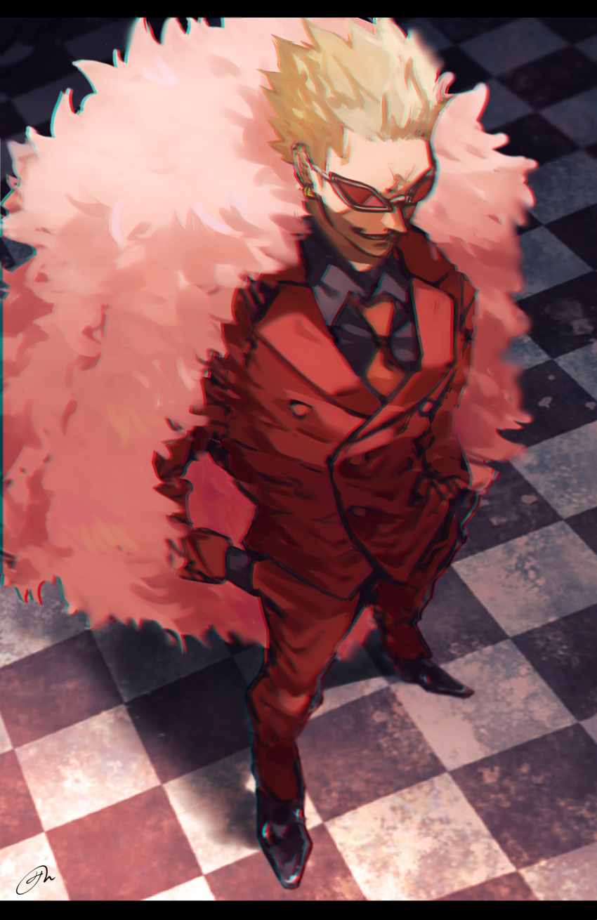 1boy absurdres black_footwear black_shirt blonde_hair checkered_floor chromatic_aberration collared_shirt donquixote_doflamingo earrings feather_boa from_above full_body gold_earrings grin hand_in_pocket highres jacket jewelry long_sleeves male_focus mirin_(coene65) necktie one_piece red-tinted_eyewear red_jacket red_necktie shirt short_hair signature smile spiky_hair tinted_eyewear white-framed_eyewear