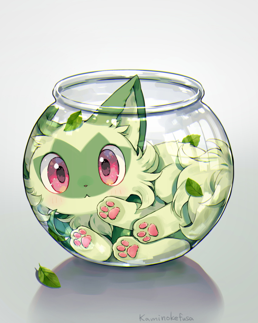 :&lt; artist_name blush closed_mouth commentary_request fishbowl highres in_bowl in_container kaminokefusa leaf leaf_on_head looking_at_viewer no_humans paw_print pokemon pokemon_(creature) red_eyes shadow simple_background solo sprigatito white_background