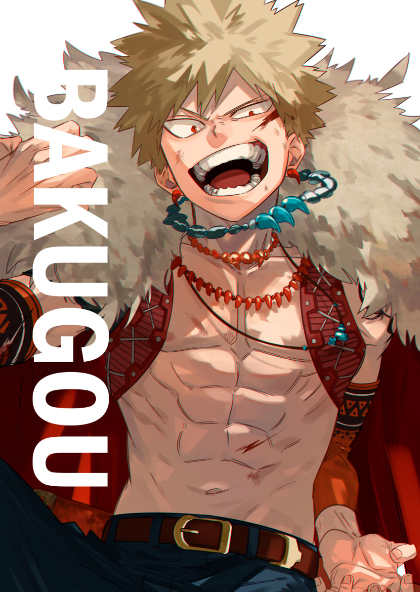 1boy abs bakugou_katsuki bare_pectorals bead_necklace beads belt blonde_hair blood blood_on_face blue_pants boku_no_hero_academia brown_belt cape character_name collarbone denim detached_sleeves dirty dirty_face earrings fur-trimmed_cape fur_trim highres jeans jewelry male_focus mirin_(coene65) multiple_necklaces navel necklace open_mouth pants pectorals red_cape red_eyes red_vest short_hair simple_background solo teeth vest