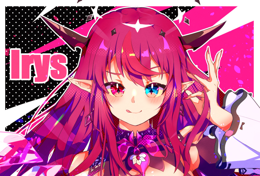 1girl blue_eyes chilwell_seele double_halo earrings halo heterochromia highres hololive hololive_english horns irys_(1st_costume)_(hololive) irys_(hololive) jewelry licking_lips looking_at_viewer multicolored_hair nail_polish pointy_ears purple_hair red_eyes redhead solo star_halo tongue tongue_out two-tone_hair virtual_youtuber