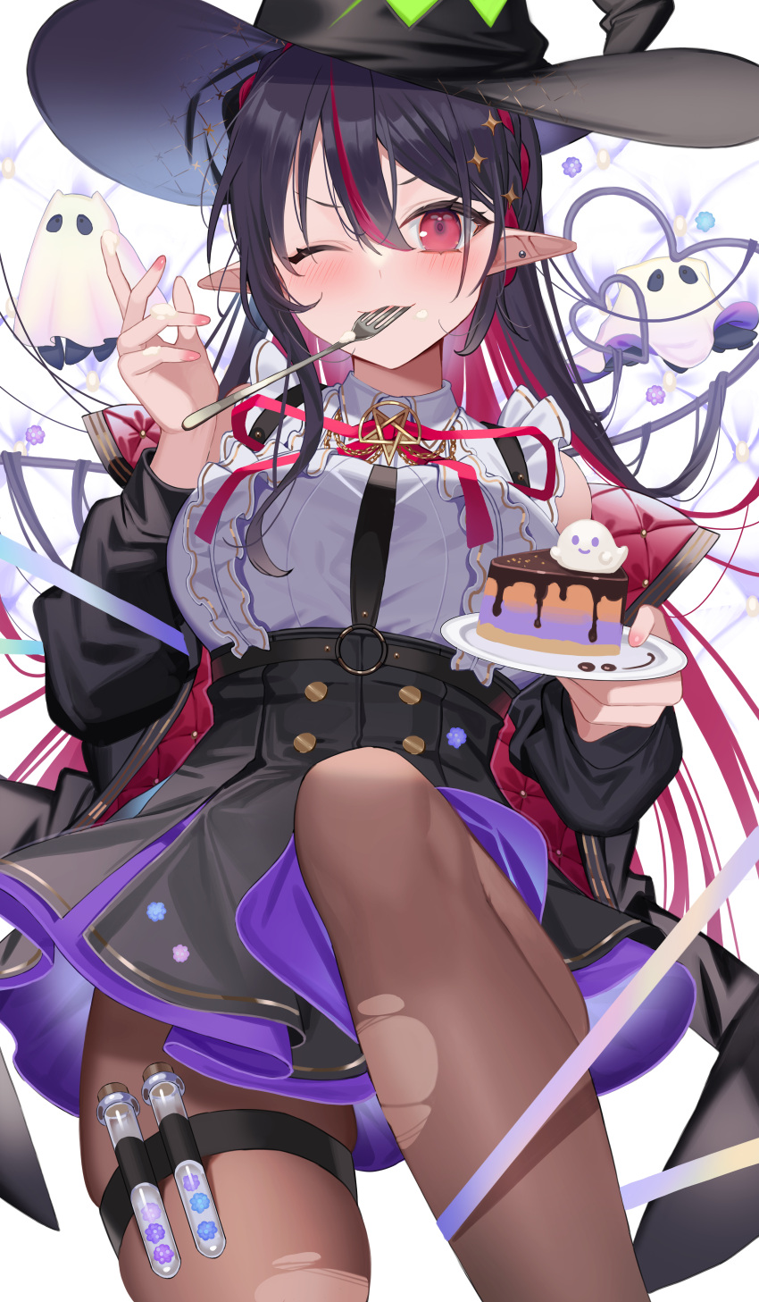 1girl absurdres amahara_subaru breasts brown_pantyhose cake cake_slice chest_harness food fork ghost harness hat highres large_breasts long_hair multicolored_hair one_eye_closed original pantyhose pointy_ears skirt streaked_hair test_tube thigh_strap thighs utensil_in_mouth vial witch_hat