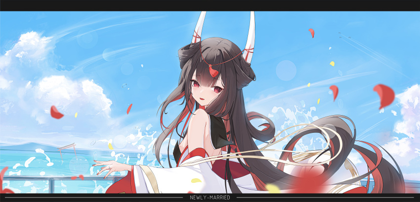 1girl azur_lane bare_shoulders black_hair black_sailor_collar blue_sky clouds colored_inner_hair day detached_sleeves english_commentary english_text falling_petals fang galodos hatsuzuki_(azur_lane) highres horns japanese_clothes jewelry kimono letterboxed long_hair long_sleeves looking_at_viewer multicolored_hair nail_polish ocean open_mouth outdoors petals red_eyes red_nails redhead ring sailor_collar skin_fang sky smile solo sunlight torii upper_body very_long_hair water waves wedding_ring wide_sleeves