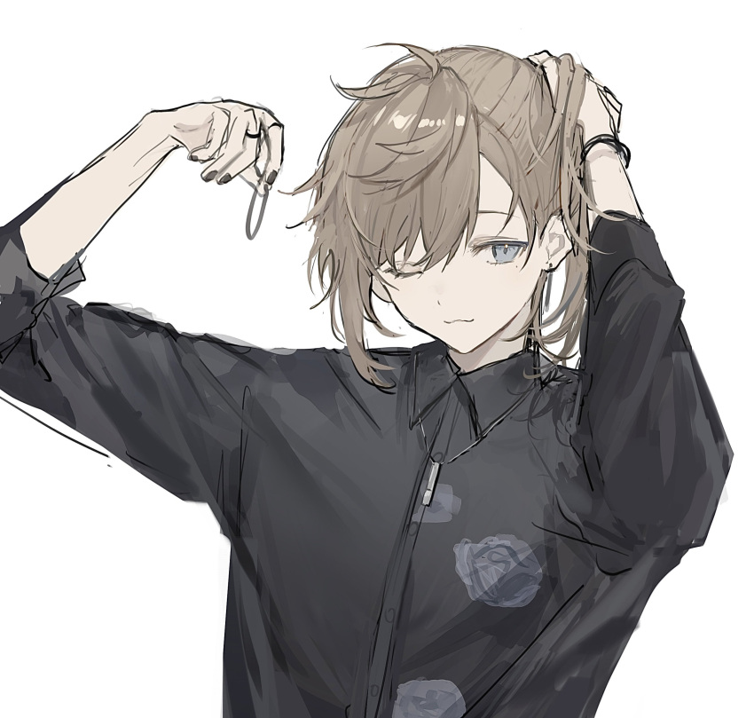 1boy :3 absurdres arms_up black_nails black_shirt blue_eyes bracelet closed_mouth highres holding_hair_tie jewelry kanae_(nijisanji) long_sleeves necklace nijisanji nokoru_sora one_eye_closed shirt simple_background smile solo tying_hair white_background