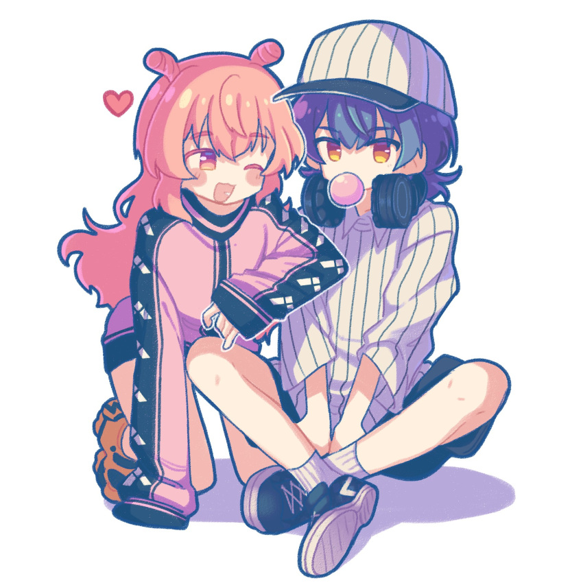 2girls :d akazaki_kokoro arm_on_another's_shoulder arm_rest arms_between_legs baseball_cap black_footwear black_headphones black_jacket blush_stickers bubble_blowing chewing_gum collared_shirt commentary_request crossed_ankles double_bun full_body grey_hair hair_bun hat headphones headphones_around_neck heart highres idoly_pride igawa_aoi jacket kabotd kneeling long_hair long_sleeves looking_at_another multicolored_clothes multicolored_jacket multiple_girls no_pants one_eye_closed open_mouth orange_eyes pink_eyes pink_hair pink_jacket pinstripe_hat pinstripe_pattern pinstripe_shirt shadow shirt shoes short_hair sidelocks simple_background sitting smile sneakers socks striped thai_commentary two-tone_jacket white_background white_headwear white_shirt white_socks