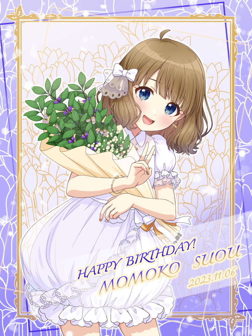 1girl 2023 absurdres ahoge blue_eyes blush bouquet bow bracelet brown_hair character_name dress earrings floral_background flower hair_ornament happy_birthday highres holding holding_bouquet idolmaster idolmaster_million_live! idolmaster_million_live!_theater_days jewelry looking_at_viewer manicure nail_polish open_mouth ornate_border ribbon see-through see-through_sleeves shiro_(ongrokm) short_hair short_sleeves smile solo suou_momoko white_dress yellow_nails
