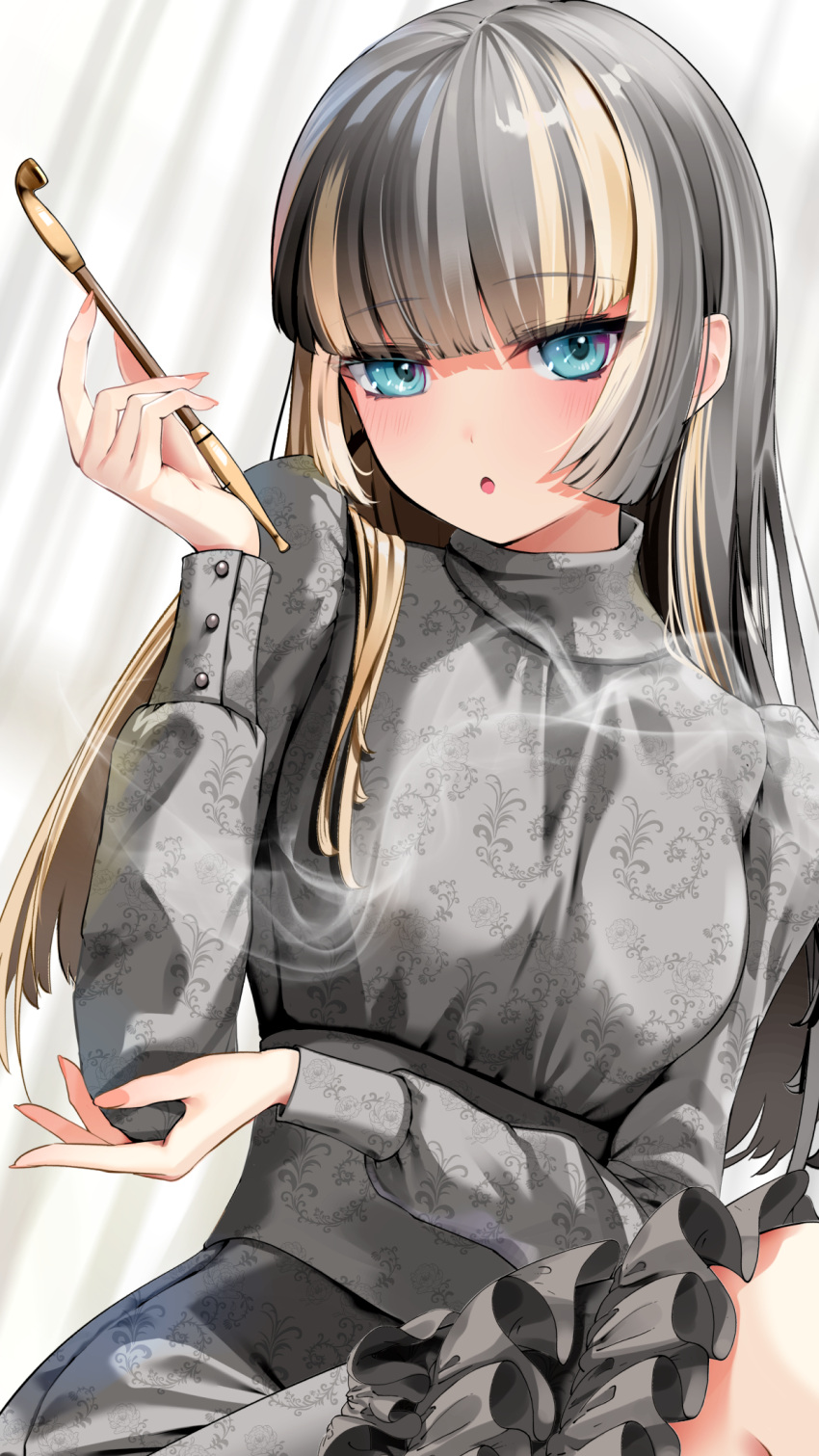 1girl black_dress black_hair blunt_bangs dress frilled_dress frills grey_hair highres holding holding_smoking_pipe hololive hololive_dev_is juufuutei_raden long_hair looking_at_viewer multicolored_hair open_mouth sidelocks smoking_pipe solo streaked_hair takahira_(takahirac562) virtual_youtuber