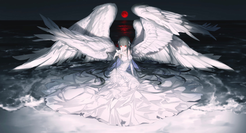 absurdres album_cover angel_wings beach black_hair blue_hair colored_inner_hair cover dress elbow_gloves full_moon gloves highres long_hair looking_at_viewer moon multicolored_hair multiple_wings ocean original outstretched_hand partially_submerged red_eyes red_moon tks_10ru white_dress white_theme wings