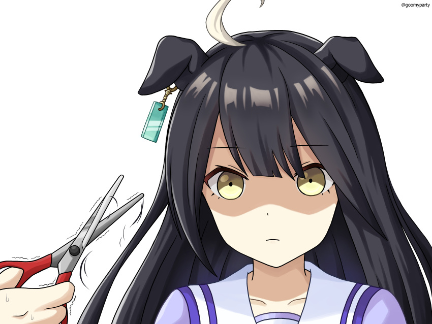 1girl 1other absurdres ahoge animal_ears black_hair blue_shirt brown_eyes closed_mouth collarbone cut_bangs ears_down goom_(goomyparty) highres holding horse_ears long_hair manhattan_cafe_(umamusume) out_of_frame school_uniform scissors shaded_face shirt simple_background solo_focus sweat tracen_school_uniform trembling twitter_username umamusume upper_body white_background