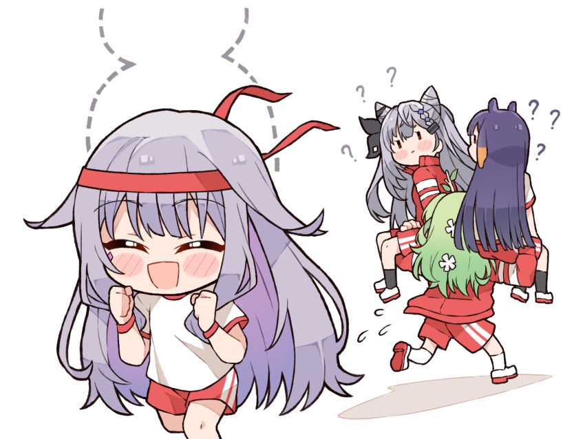 4girls ? blush_stickers brown_eyes carrying carrying_over_shoulder carrying_person ceres_fauna commentary english_commentary flying_sweatdrops green_hair grey_hair gym_shirt gym_shorts hair_flaps headband highres hololive hololive_english hololive_indonesia koseki_bijou kukie-nyan long_hair looking_at_another looking_back multiple_girls ninomae_ina'nis open_mouth purple_hair red_headband red_shorts red_trim running shirt short_sleeves shorts simple_background vestia_zeta virtual_youtuber white_background