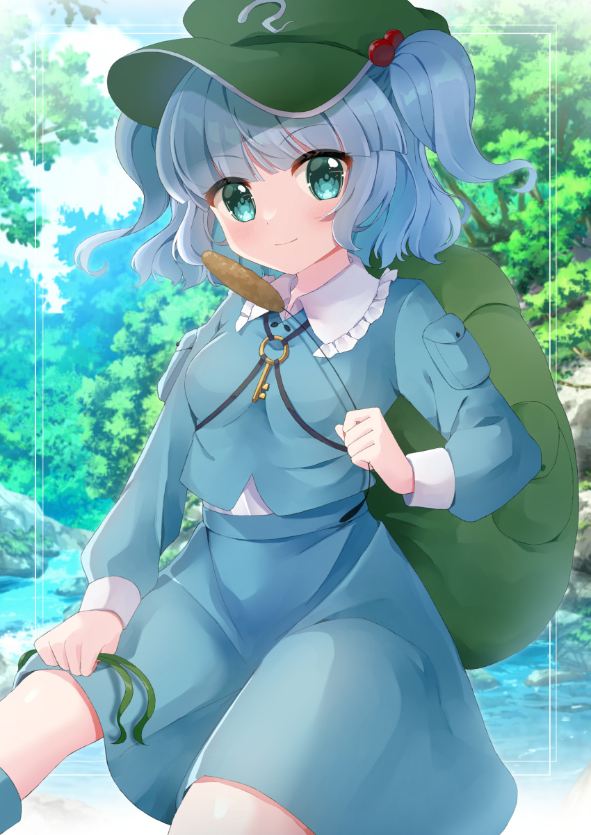1girl absurdres aqua_eyes backpack bag blue_eyes blue_shirt blue_skirt blunt_bangs boots breasts cabbie_hat cattail closed_mouth clouds commentary_request day feet_out_of_frame frilled_shirt_collar frills green_headwear hair_bobbles hair_ornament hat highres holding holding_grass holding_plant kawashiro_nitori key light_blush light_smile long_sleeves looking_at_viewer outdoors plant shirt short_hair skirt skirt_set small_breasts solo touhou tree two_side_up urauo_oji water