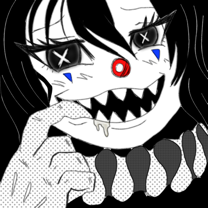 1girl clown clown_nose cross-shaped_pupils facepaint gloves grin highres long_hair looking_at_viewer open_mouth original red_nose sharp_teeth smile solo symbol-shaped_pupils teeth winy_clown