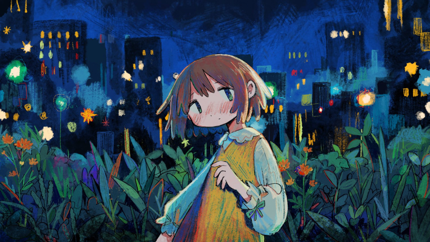 1girl blush brown_hair city city_lights closed_mouth collared_shirt dress flower frilled_sleeves frills green_eyes green_ribbon hand_up highres long_sleeves looking_at_viewer mamei_mema night original outdoors pinafore_dress plant red_flower ribbon ribbon-trimmed_sleeves ribbon_trim shirt short_hair sleeveless sleeveless_dress solo standing tareme upper_body white_shirt yellow_dress