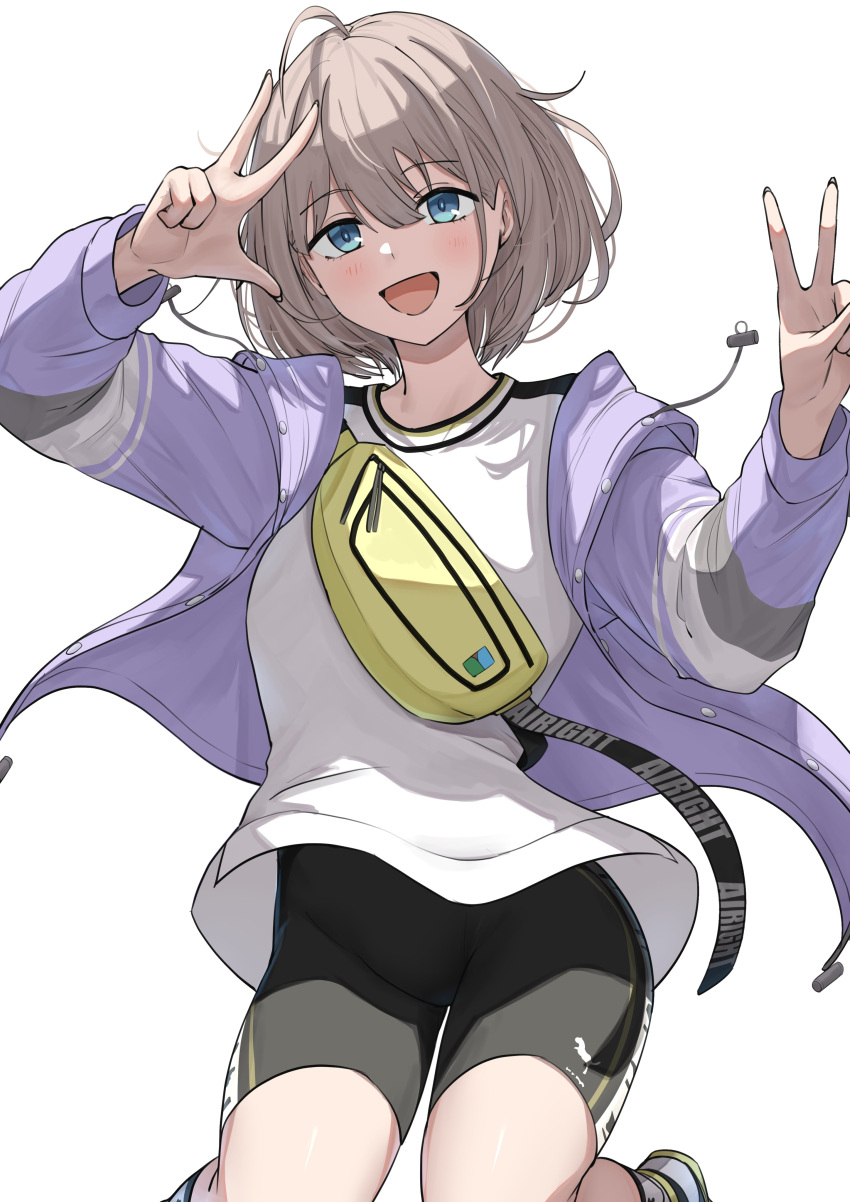 1girl absurdres bike_shorts black_shorts blue_eyes blush commentary double_v drawstring flat_chest grey_hair groin hair_between_eyes hands_up highres idolmaster idolmaster_shiny_colors jacket jumping long_sleeves looking_at_viewer open_clothes open_jacket open_mouth purple_jacket serizawa_asahi shirt short_hair shorts smile solo take978733141 thighs v white_background white_footwear white_shirt
