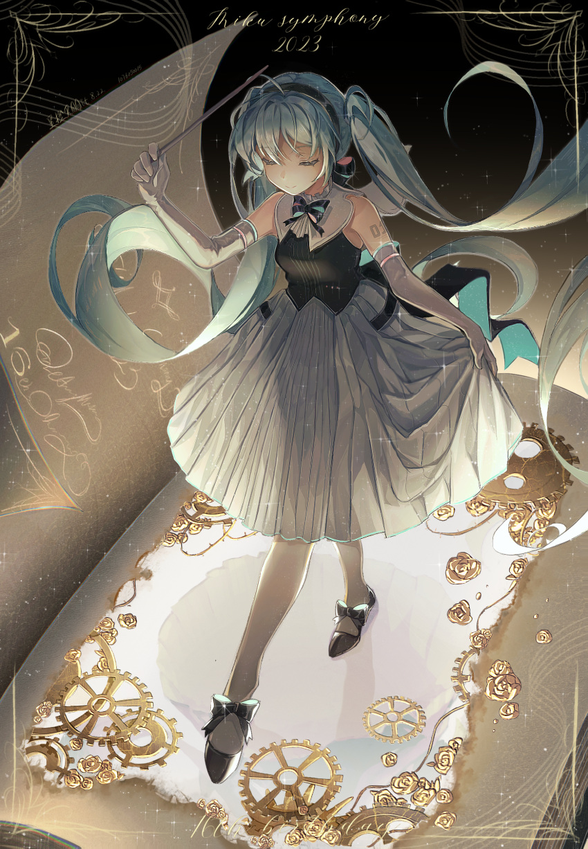 1girl absurdres baton_(conducting) black_bow black_dress black_footwear black_hairband blue_hair book bow chinese_commentary closed_eyes closed_mouth dated dress elbow_gloves english_text flower footwear_bow gears gloves hairband hatsune_miku highres long_hair long_skirt open_book oversized_object pantyhose pleated_skirt rose see-through see-through_skirt shatang_wei_xing_cheng shoulder_tattoo skirt skirt_hold sleeveless sleeveless_dress smile solo sparkle standing tattoo twintails very_long_hair vocaloid walking white_gloves white_pantyhose white_skirt