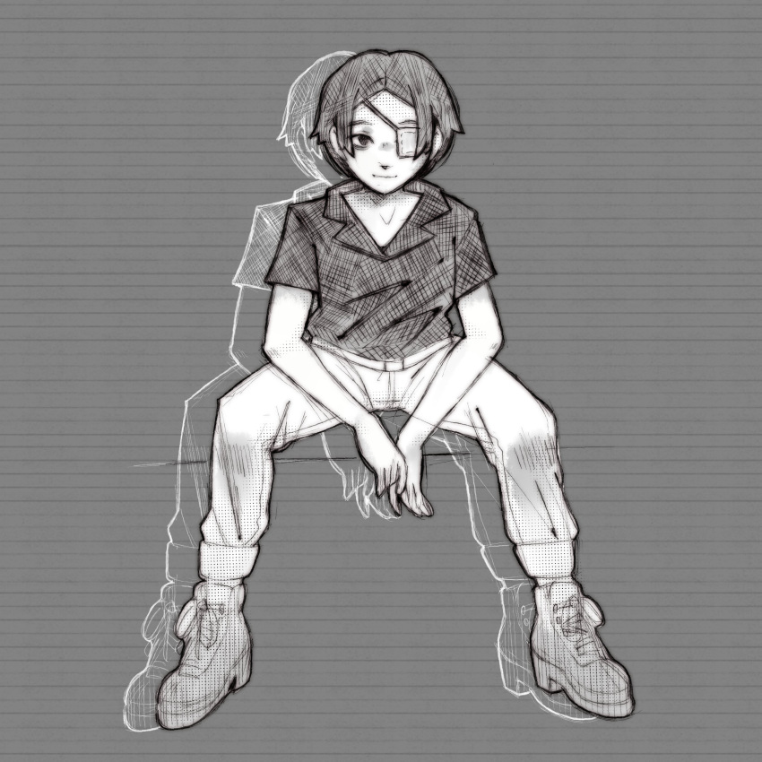 absurdres arms_between_legs closed_mouth collared_shirt eyepatch greyscale highres kana_(world_of_horror) looking_at_viewer monochrome pants ringo41 shirt shoes short_hair simple_background sitting smile solo world_of_horror