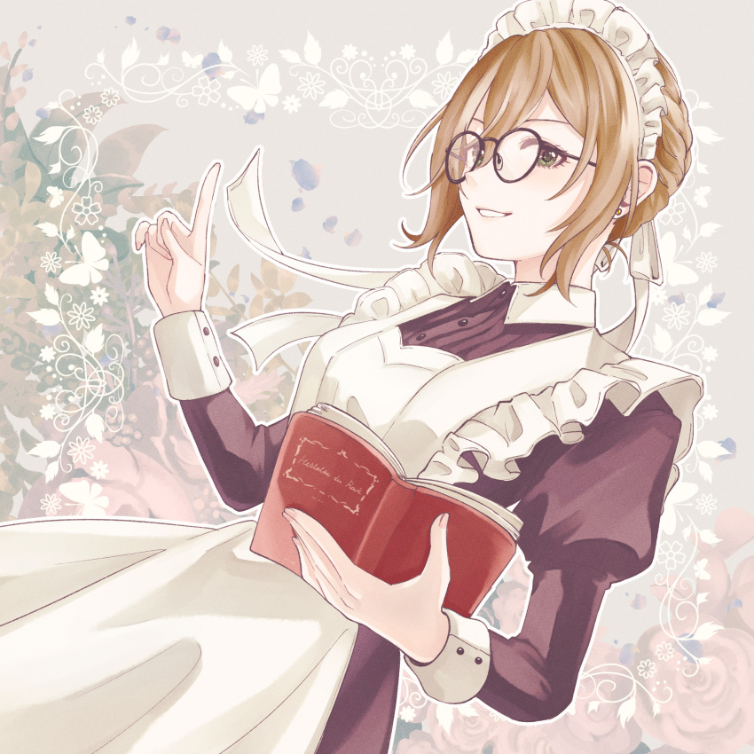 1girl absurdres alternate_costume apron bespectacled black_dress book breasts brown_hair dress earrings enmaided floral_background frilled_apron frills glasses green_eyes hair_between_eyes highres holding holding_book idolmaster idolmaster_cinderella_girls jewelry juliet_sleeves kimura_natsuki kumatsuki_(no-kirin) long_sleeves looking_at_viewer maid maid_apron maid_headdress medium_breasts open_book open_mouth puffy_sleeves ribbon round_eyewear short_hair smile solo waist_apron white_apron wrist_cuffs