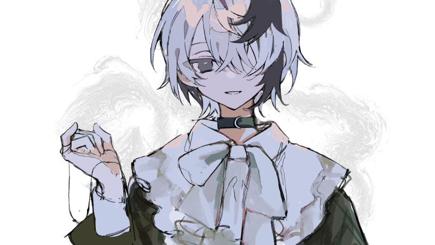 1girl alternate_costume black_choker black_hair black_shirt bow bowtie capelet choker commentary_request flower_(vocaloid) flower_(vocaloid4) grey_eyes grin hair_over_one_eye half-closed_eyes hand_up highres long_sleeves looking_at_viewer multicolored_hair one_eye_covered pinky_out puffy_long_sleeves puffy_sleeves shirt short_hair si_(wooupp) smile solo streaked_hair string_around_finger upper_body vocaloid white_background white_bow white_bowtie white_capelet white_hair