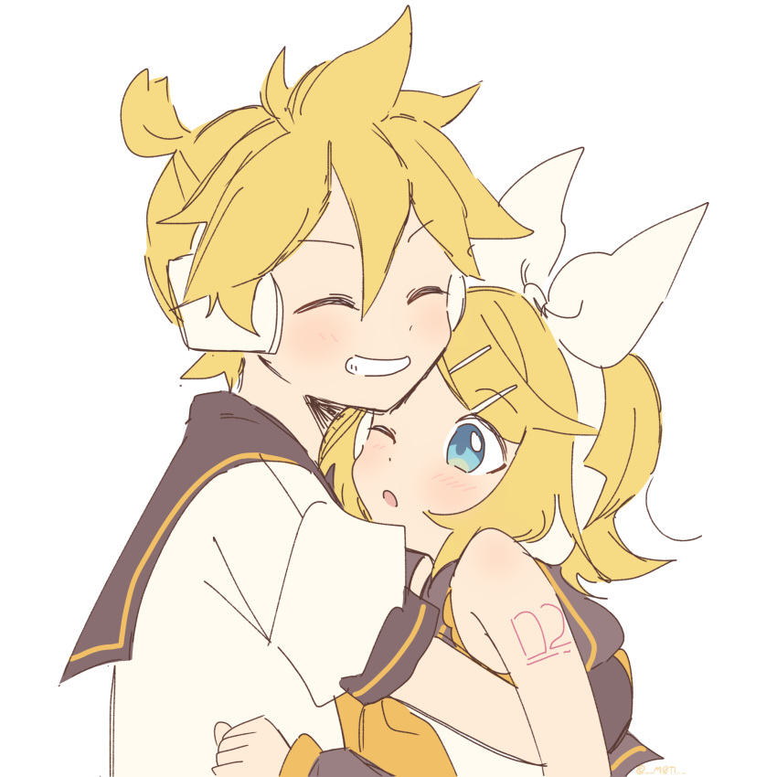1boy 1girl arms_around_back bare_shoulders blonde_hair blue_eyes blush bow brother_and_sister hair_bow head_on_head head_rest headphones highres hug kagamine_len kagamine_rin m0ti one_eye_closed sailor_collar school_uniform short_hair short_ponytail shoulder_blush siblings smile twins upper_body vocaloid white_bow