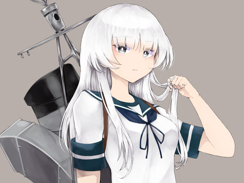 1girl blue_sailor_collar breasts grey_background grey_eyes grey_hair highres holding_own_hair kantai_collection kurou_(bcrow) long_hair long_neck machinery medium_breasts parted_lips rigging sailor_collar school_uniform serafuku shirakumo_(kancolle) shirt short_sleeves sidelocks smokestack solo upper_body white_shirt