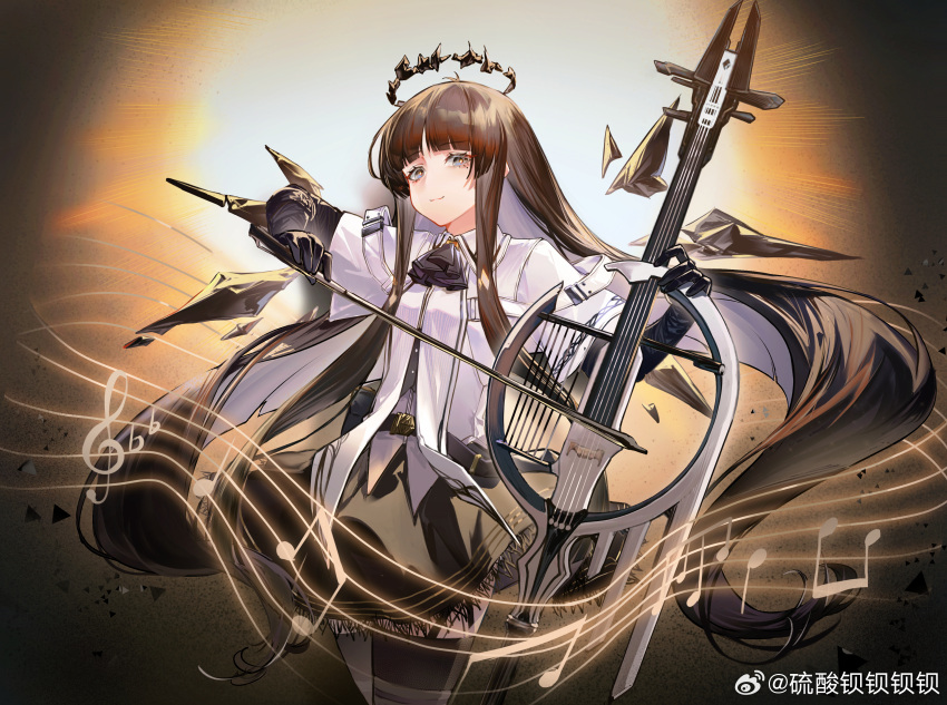 1girl :3 absurdly_long_hair absurdres ahoge arknights artist_name ascot belt belt_buckle belt_pouch black_ascot black_background black_belt black_bustier black_eyes black_garter_straps black_gloves black_halo black_outline black_pouch black_skirt black_thighhighs black_wings blunt_bangs bow_(music) breasts broken_halo buckle bustier buttons cello chinese_commentary chinese_text closed_mouth collared_jacket commentary_request cowboy_shot dark_halo detached_wings dress_shirt energy_wings eyelashes floating_hair garter_straps gloves grey_shirt halo hands_up highres hime_cut holding holding_bow_(music) holding_instrument holding_violin instrument jacket layered_sleeves light_rays long_hair long_sleeves looking_at_viewer miniskirt mole mole_under_eye music musical_note outline playing playing_instrument pleated_skirt pouch shirt short_over_long_sleeves short_sleeved_jacket short_sleeves sidelocks silhouette skirt small_breasts smile solo spotlight staff_(music) standing thigh-highs triangle very_long_hair violin virtuosa_(arknights) watermark weibo_5688317407 weibo_logo weibo_username white_belt white_jacket wide_sleeves wing_collar wings zettai_ryouiki