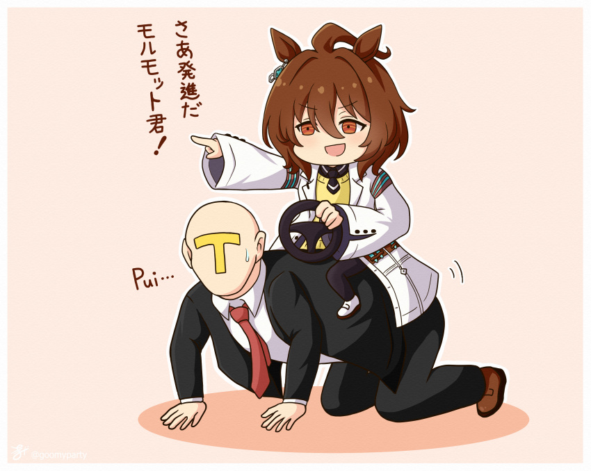 1girl absurdres agnes_tachyon_(umamusume) ahoge animal_ears black_jacket black_pants black_pantyhose black_shirt brown_background brown_eyes brown_footwear brown_hair collared_shirt colored_shadow commentary_request goom_(goomyparty) hair_between_eyes highres horse_ears jacket lab_coat necktie open_clothes outstretched_arm pants pantyhose pointing red_necktie shadow shirt shoes simple_background sleeves_past_wrists steering_wheel sweat sweater_vest t-head_trainer trainer_(umamusume) umamusume white_footwear white_shirt wide_sleeves