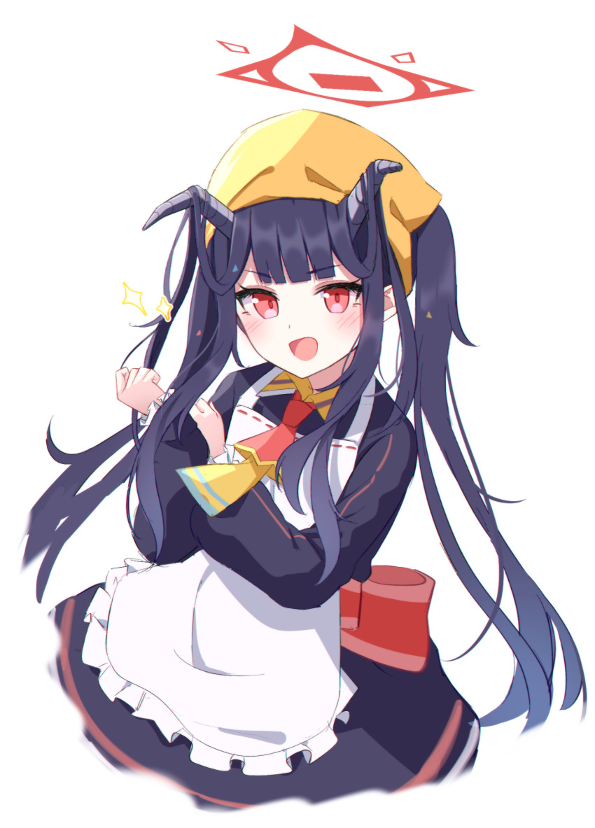 1girl apron black_dress black_hair black_horns blue_archive blunt_bangs blush bow clenched_hand commentary_request demon_horns double-parted_bangs dress foulo_paints frilled_apron frills fuuka_(blue_archive) halo hand_on_own_arm hand_up head_scarf highres horns long_hair long_sleeves looking_at_viewer open_mouth red_bow red_eyes red_halo simple_background smile solo twintails v-shaped_eyebrows white_apron white_background yellow_headwear