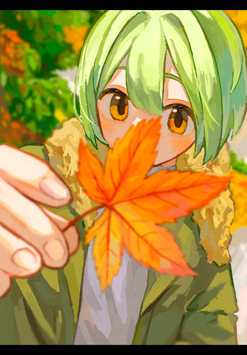 1boy autumn autumn_leaves blurry blurry_background blurry_foreground covering_mouth day depth_of_field fingernails fur-trimmed_jacket fur_trim green_hair green_jacket hand_up highres holding holding_leaf jacket leaf letterboxed looking_at_viewer making-of_available male_focus maple_leaf nagomi_(_nagomi_) open_clothes open_jacket orange_eyes original outdoors shirt short_hair solo upper_body white_shirt