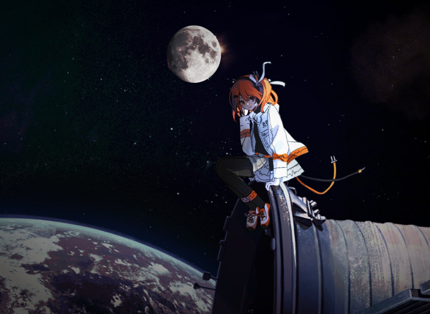 1girl a.i._voice adachi_rei belt black_pantyhose black_shirt cable closed_mouth commentary_request floating_hair gloves grey_skirt hair_ribbon hand_up headlamp highres in_orbit long_sleeves looking_at_viewer moon one_side_up orange_belt orange_eyes orange_hair pantyhose planet planet_abyss_(utau) ribbon shirt shoes sidelighting sitting sitting_on_object skirt sky smile sneakers solo space spacecraft star_(sky) starry_sky thrusters turtleneck utau white_gloves white_ribbon wide_shot yamidya