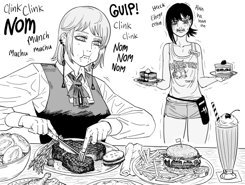 2girls absurdres asparagus bb_(baalbuddy) bread_bun breasts burger cake collarbone collared_shirt crying crying_with_eyes_open dress drinking_straw ear_piercing earrings eating english_commentary fami_(chainsaw_man) food fork fourth_east_high_school_uniform french_fries fried_chicken greyscale hair_ornament hairclip higashiyama_kobeni highres holding holding_fork holding_knife holding_plate hooters jewelry knife long_sleeves medium_breasts milkshake mini_flag mole mole_under_eye mole_under_mouth monochrome multiple_girls name_tag neckerchief open_mouth piercing pinafore_dress plate ringed_eyes school_uniform shirt short_hair shorts sidelocks sleeveless sleeveless_dress sound_effects standing steak table tank_top tassel tassel_earrings tears trembling waitress