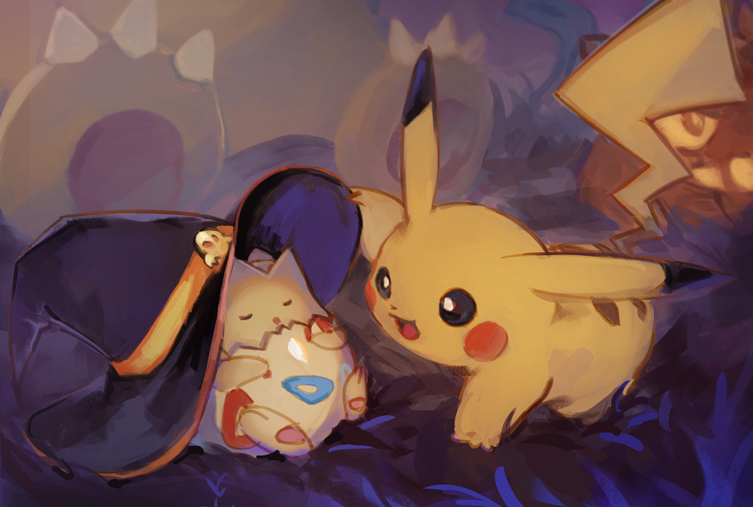 black_eyes black_headwear bright_pupils closed_eyes commentary_request grass halloween hat hat_ribbon headwear_lift jack-o'-lantern lifted_by_another maumaujanken no_humans orange_ribbon outdoors pikachu pokemon pokemon_(creature) ribbon snorlax togepi white_pupils witch_hat