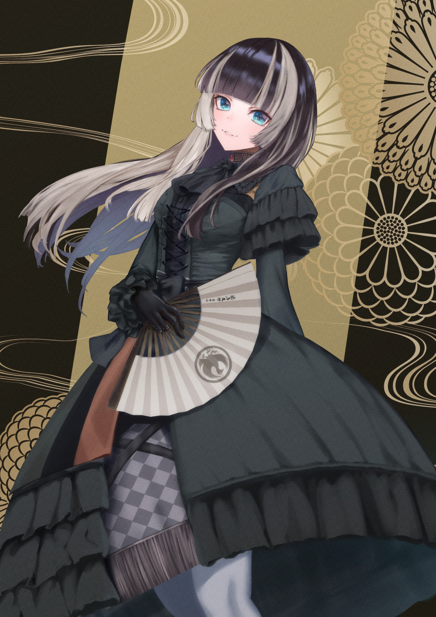 1girl absurdres asa_heizo black_choker black_dress black_gloves black_hair blue_eyes choker dress frilled_dress frills gloves gothic_lolita grey_hair hand_fan highres holding holding_fan hololive hololive_dev_is juufuutei_raden lace-trimmed_choker lace_trim lolita_fashion long_hair looking_at_viewer multicolored_hair paper_fan smile solo streaked_hair virtual_youtuber